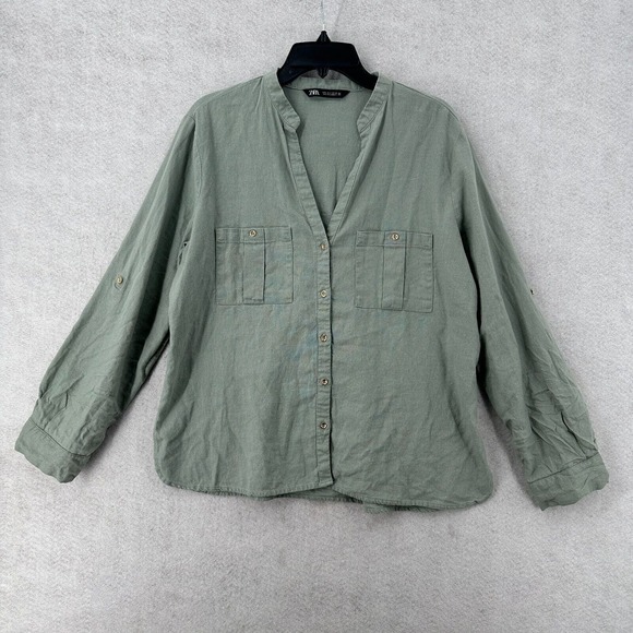 Zara Top Womens LG Linen Viscose Slouchy Sage Green Button Down Crop Blouse - Picture 1 of 15